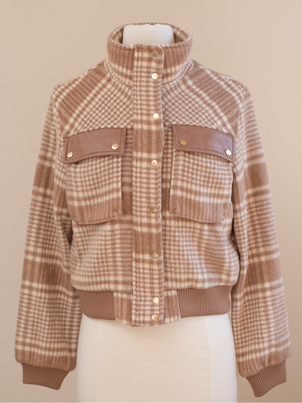 Bagatelle Tan & Cream Plaid Bomber Jacket